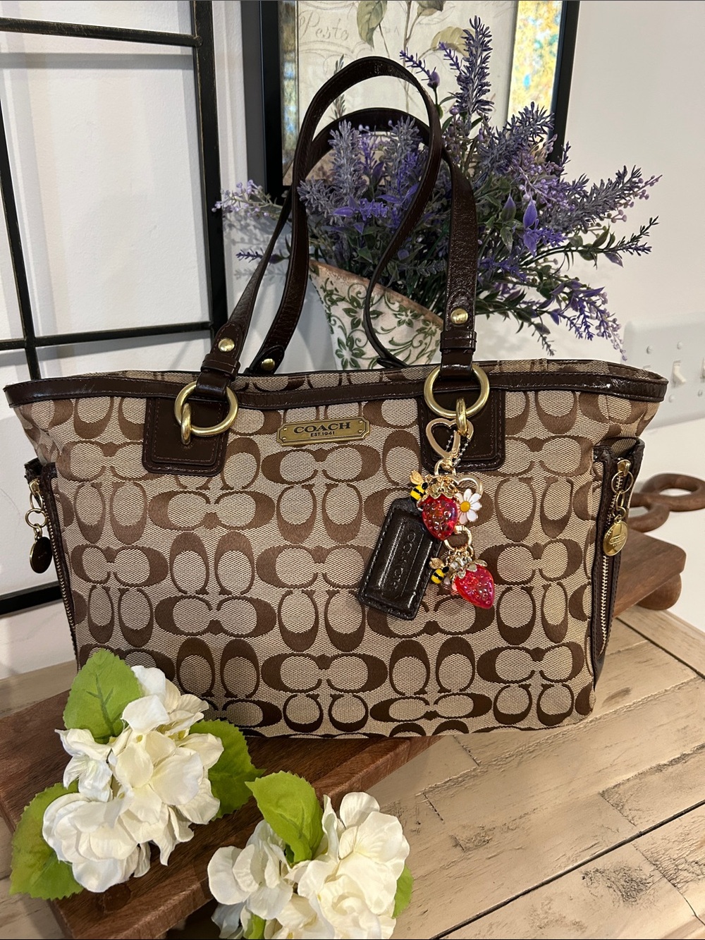 Coach Brown Signature Canvas Tote with Dark Brown Trim